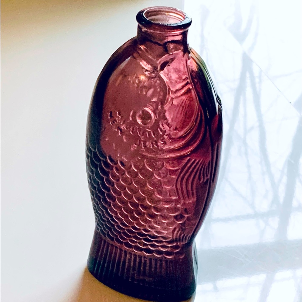 Vintage 7” Amethyst Glass Doctor Fisch’s Bitters Fish Shaped Bottle